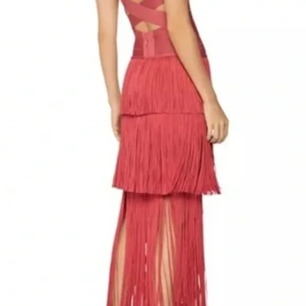 HERVE LEGER Women's Icon Fringe Bandage Maxi Dress In Burnt Rose - Picture 2 of 7
